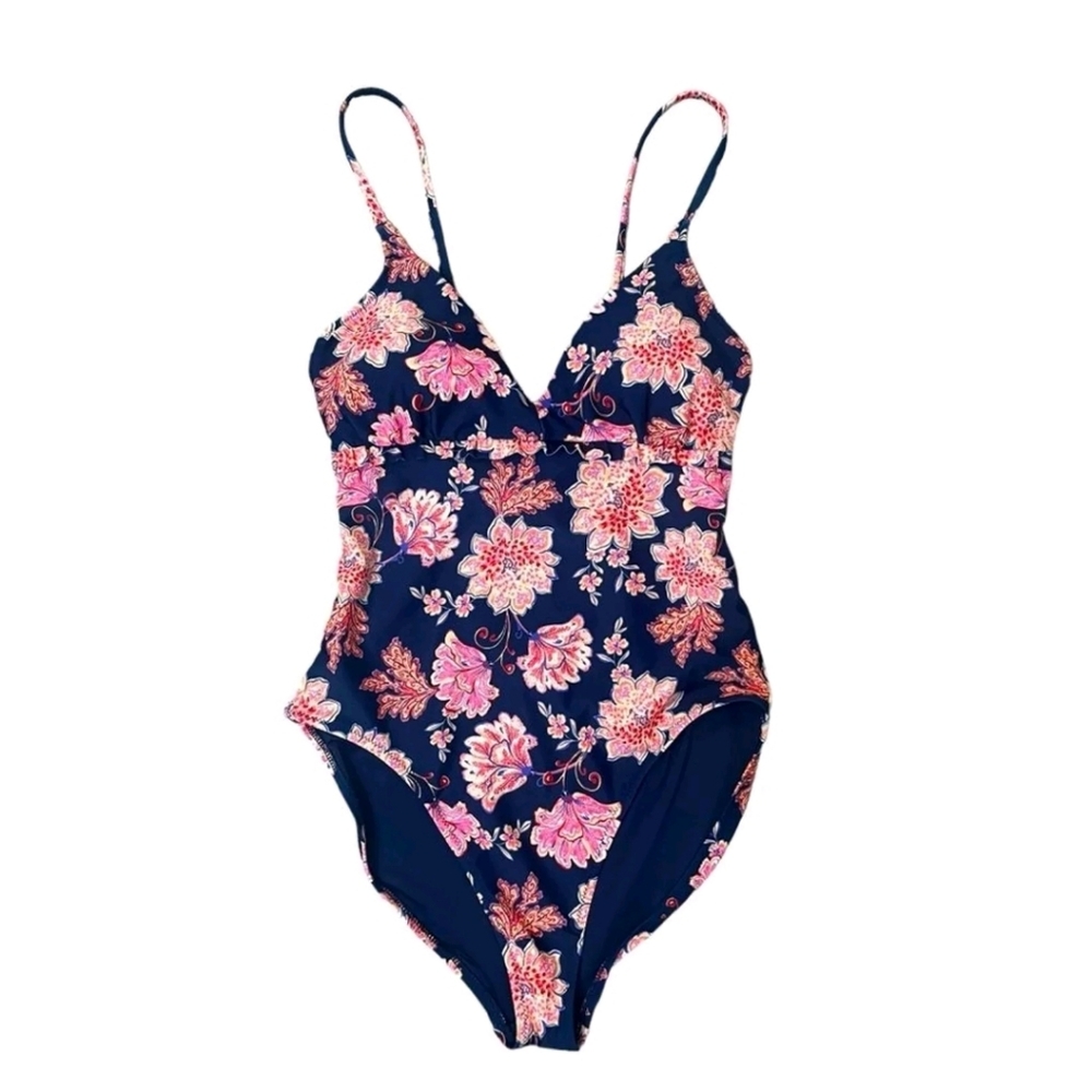 V Neck Ruffle Trim One Piece Swimsuit Vintage Flower